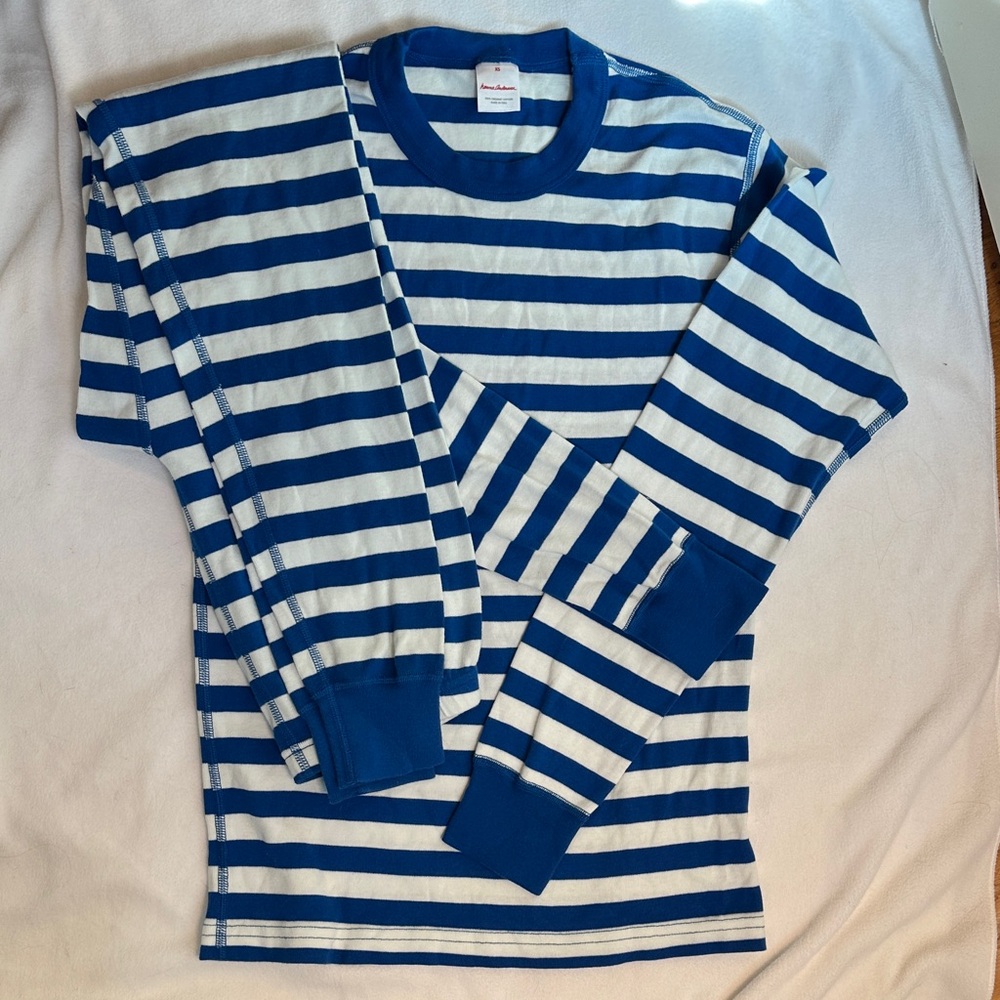Hanna Andersson Blue and White Striped Pajama Set. Adult XS. Organic cotton